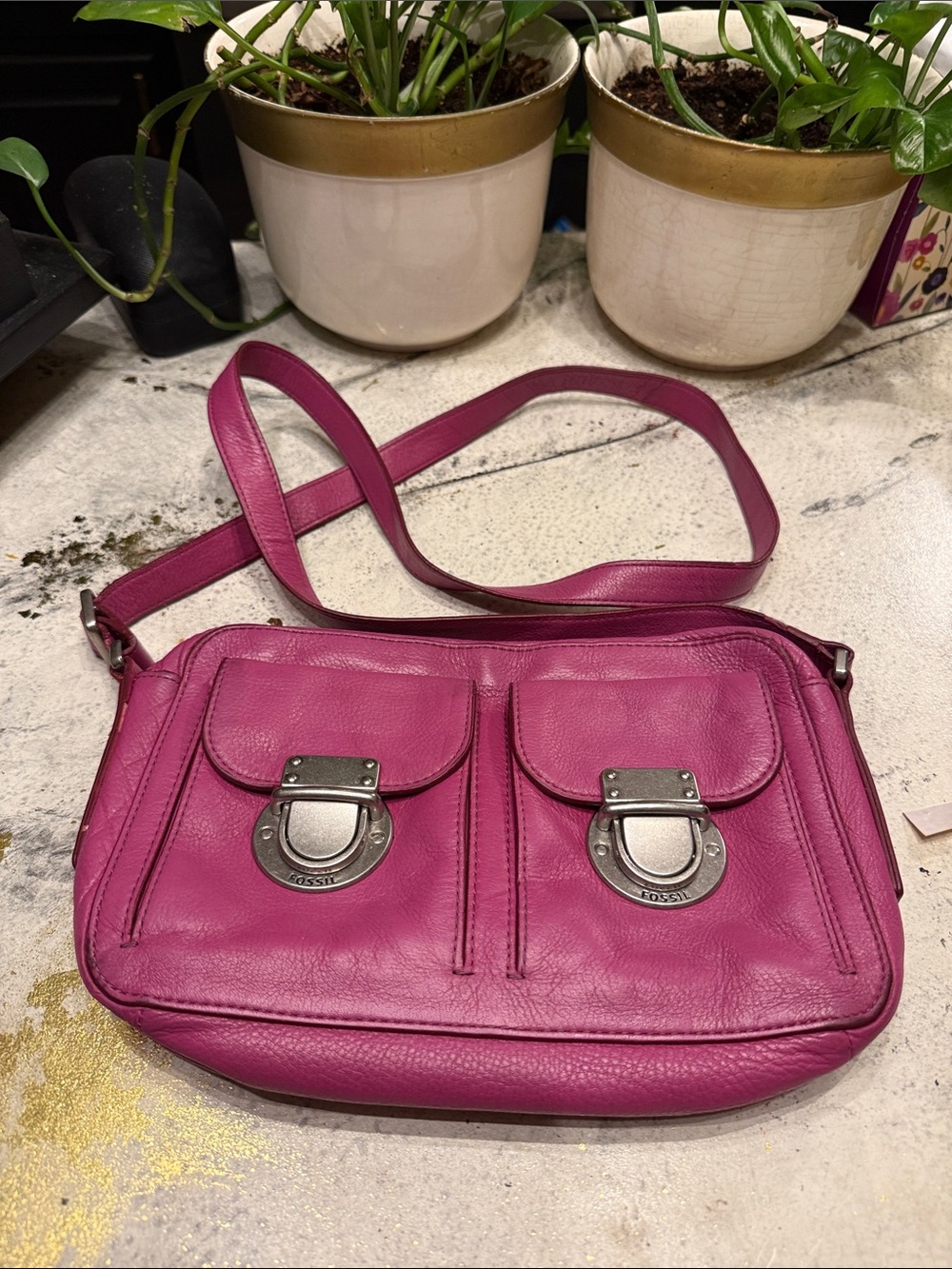 Fossil Leather Crossbody Bag in Magenta